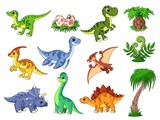 Fototapeta Dinusie - Cartoon dinosaurs. Cute dino, dinosaur and palm. Color wildlife characters, prehistoric predator. Funny baby animals garish vector collection
