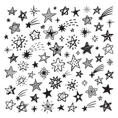 Wall Mural - Sketch stars collection. Hand drawn star, sky drawing comet with burst. Scribble space elements, isolated doodle grunge tidy vector decorations