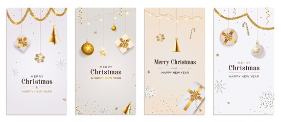 Christmas Template for social media stories. Story Xmas background with realistic gift boxes, white and gold color balls. Vertical New Year banner, poster, greeting card, Advertising flyer, brochure.