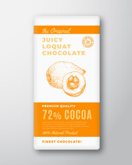 Wall Mural - The Original Finest Chocolate Abstract Vector Packaging Design Label. Modern Typography and Hand Drawn Loquat Fruits Sketch Silhouette Background Layout. Isolated