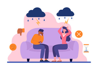 Concept of mental disorder or illness. Frustrated man and woman sitting on couch and quarreling. Depression due to relationship problems. Cartoon flat vector illustration isolated on white background