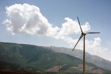 Poster - Wind generators against the background of the blue sky and hills.