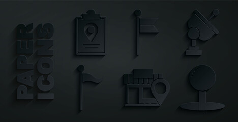 Sticker - Set Location with store, Radar, marker, Push pin, and Folded map location icon. Vector