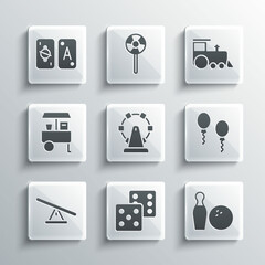 Wall Mural - Set Game dice, Bowling pin and ball, Balloons, Ferris wheel, Seesaw, Fast street food cart, Tarot cards and Toy train icon. Vector