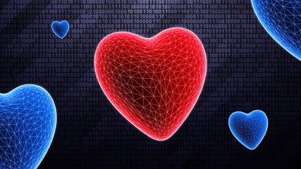 Wall Mural - Red heart shape as symbol of falling in love is detected during scan on dark hi-tech background in binary cyberspace. 3D Illustration.