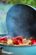 Grilled Vegetables And Chicken Sausages On Mangal Barbeque Grill