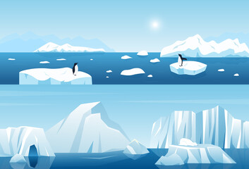 Wall Mural - Arctic ice winter landscape scene of North vector illustration. Cartoon panorama nature scenery with penguin floating on white snow iceberg in water, polar bear animal on icy glacier coast background