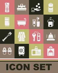 Sticker - Set Lift, Hotel service bell, Towel on hanger, Paying tips, Bathtub, Refrigerator, Remote control and Toothbrush and toothpaste icon. Vector