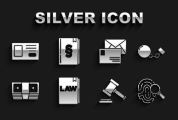 Poster - Set Law book, Ball on chain, Fingerprint, Judge gavel, Bribe money cash, Envelope, Identification badge and icon. Vector