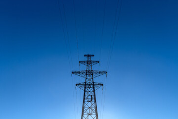 Wall Mural - Low-angle shot overhead power line against the blue sky