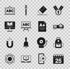 Sticker - Set Calendar, School backpack, Movie, film, media projector, Eraser rubber, Chalkboard, Online class, and Exam sheet with A plus grade icon. Vector