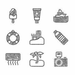 Wall Mural - Set Sand castle, Tropical palm tree, Photo camera with flash, Bottle of water, Air conditioner, Lifebuoy, Cruise ship and Ice cream icon. Vector