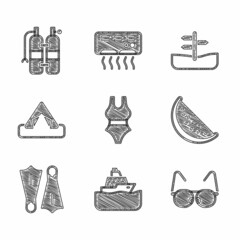 Poster - Set Swimsuit, Cruise ship, Glasses, Watermelon, Rubber flippers for swimming, Tourist tent, Road traffic sign and Aqualung icon. Vector