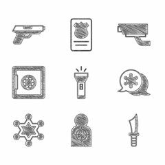 Canvas Print - Set Flashlight, Human target sport for shooting, Military knife, Hexagram sheriff, Safe, Security camera and Pistol gun icon. Vector