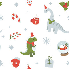 Wall Mural - Cute dino in scarfs and santa hat christmas pattern. Seamless texture for textile, fabric, apparel, wrapping, paper, stationery.