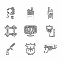 Canvas Print - Set Telephone call 911, Police badge, electric shocker, Walkie talkie, rubber baton, Prison window, and Footsteps icon. Vector