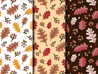 Wall Mural - Autumn seamless pattern set. Leaves design in white, yellow and brawn background. Colorful vector illustration