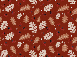 Wall Mural - Autumn seamless pattern. Brown and white leaves background design. Colorful vector illustration