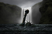 Statue Of Liberty Submerged In The Sea With A Waterfall In The Background