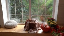 Autumn Cozy Home, Window With Pumpkins, Flowers And Scarf