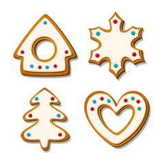 Wall Mural - Christmas gingerbread cookies. Festive glazed biscuits in shape of house and heart, tree snowflake. Cartoon Vector illustration