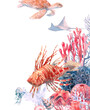 Underwater life illustration. Realistic coral reef hand painted with watercolor. Sea animals, fishes and corals. 