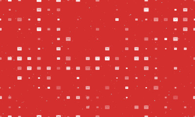 Seamless background pattern of evenly spaced white email symbols of different sizes and opacity. Vector illustration on red background with stars