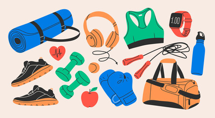 Various Sport equipment. Fitness inventory, gym accessories. Dumbbells, fitness tracker, headphones, bottle, jump rope, shoes, mat, boxing gloves. Healthy lifestyle concept. Hand drawn Vector set