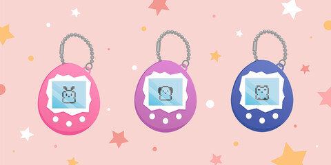Digital game toy illustration set. Vintage digital pocket pet game icon. Japanese classic Tamago game with screen display, chain and buttons. Nostalgia stuff - pocket pet rabbit cat and dog. Vector.
