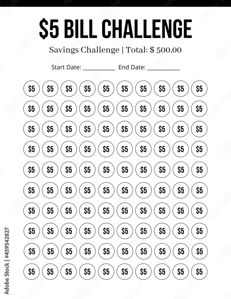 illustration-stock-5-dollar-bill-save-money-challenge-savings-tracker-money-challenge-save-money-adobe-stock for Free Printable Printable 5 Dollar Challenge Illustration Stock 5 Dollar Bill Save Money Challenge, savings tracker, money challenge, save money | Adobe Stock for Free Printable Printable 5 Dollar Challenge