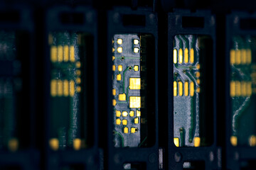 Canvas Print - Macro shot of a black electronic circuit board with its small details