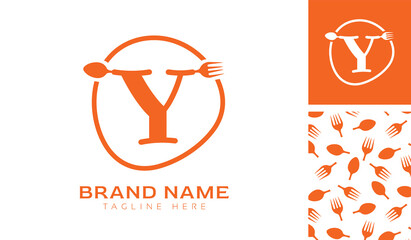 Hand drawn alphabet letter Y logo using Spoon, Fork in a circle with color variation and pattern in orange color theme for creative branding design