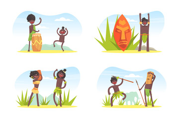 Canvas Print - African Tribe People Character in Traditional Loincloth and Palm Leaf with Spear and Drum Vector Set