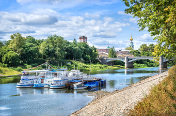 Wall Mural - Motor ships at the pier on the river in Vologda on a summer sunny day