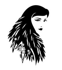 Wall Mural - tribal shaman woman with bird feather decorated long hair black and white vector portrait