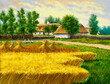 Oil paintings rural landscape, old village, bales in the field. Fine art, artwork, landscape with a house, wheat field with sky and clouds