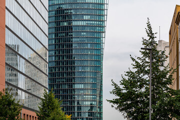 Street view of the Bahn Tower skyscraper on the Potsdamer Platz in Berlin, Germany