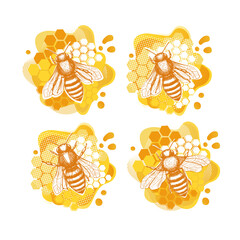 Wall Mural - Yellow bee sketch template in modern style on white background. Summer natural organic food. Line art.