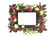 Festive Christmas abstract nature background border with black frame on white with red bauble decorations, holly, ivy, mistletoe and juniper fir leaves. Top view, copy space.