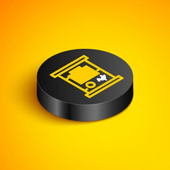 Sticker - Isometric line Decree, paper, parchment, scroll icon icon isolated on yellow background. Black circle button. Vector