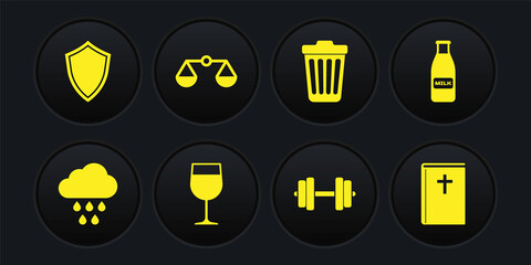 Sticker - Set Cloud with rain, Glass bottle milk and cap, Wine glass, Dumbbell, Trash can and Scales of justice icon. Vector