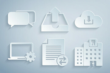 Sticker - Set Transfer files, Cloud download, Laptop and gear, Dental clinic, Upload inbox and Chat icon. Vector