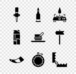 Sticker - Set Torch flame, Bullet, Camping gas stove, Hunting horn, Canteen water bottle, Trap hunting, Lighter and Hunter hat with feather icon. Vector