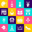 © vector_v - Set Woman shoe, Fleur De Lys, Triumphal Arch, dress, Handbag, Coffee shop, Paint brush with palette and Kepi icon. Vector