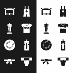 Sticker - Set T-shirt with fight club MMA, Award cup, Stopwatch, Wrestling singlet, Tennis ball, Fitness shaker, Groin guard and Black karate belt icon. Vector