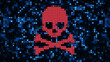 Binary computer data having a computer virus, software piracy, or internet hacking with pirate skull and crossbones concept