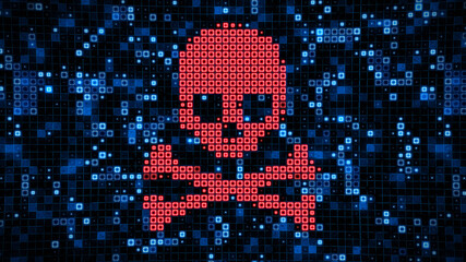 Binary computer data having a computer virus, software piracy, or internet hacking with pirate skull and crossbones concept