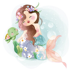 Wall Mural - Lovely Little Mermaid with a Baby Turtle