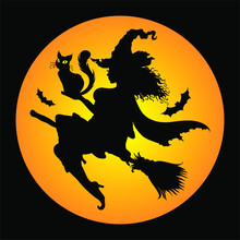 А Silhouette Of A Young Graceful Witch Flying On A Broom And Holding A Cat In Her Hands. Hand Drawn Halloween Vector Illustration.