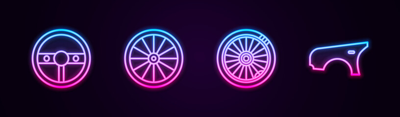 Sticker - Set line Steering wheel, Car, and fender. Glowing neon icon. Vector